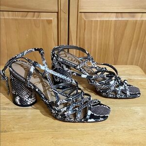 Sam Edelman Black & White Snake-Print Strappy Block Heels